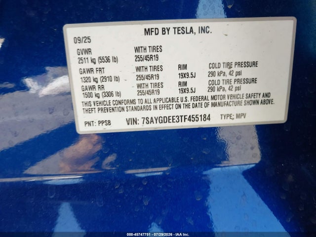 45747751 :رقم المزاد ، 7SAYGDEE3TF455184 vin ، 2026 Tesla Model Y All-wheel Drive/long Range Launch Series/premium All-wheel Drive مزاد بيع