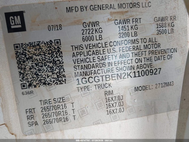 Продажа на аукционе авто 2019 Chevrolet Colorado Wt, vin: 1GCGTBEN2K1100927, номер лота: 45747761