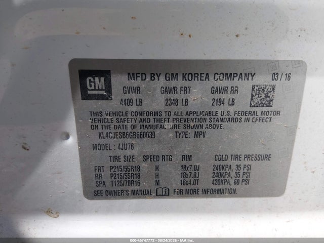 2016 Buick Encore მანქანა იყიდება აუქციონზე, vin: KL4CJESB6GB660039, აუქციონის ნომერი: 45747772