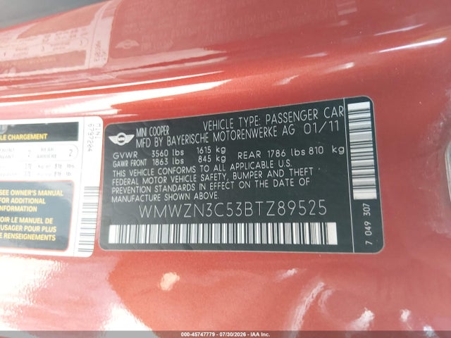 45747779 :رقم المزاد ، WMWZN3C53BTZ89525 vin ، 2011 Mini Cooper مزاد بيع