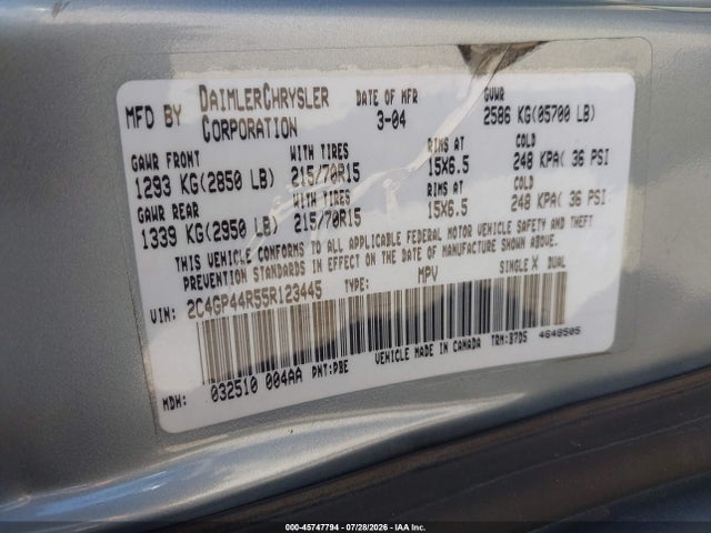 45747794 :رقم المزاد ، 2C4GP44R55R123445 vin ، 2005 Chrysler Town & Country Lx مزاد بيع