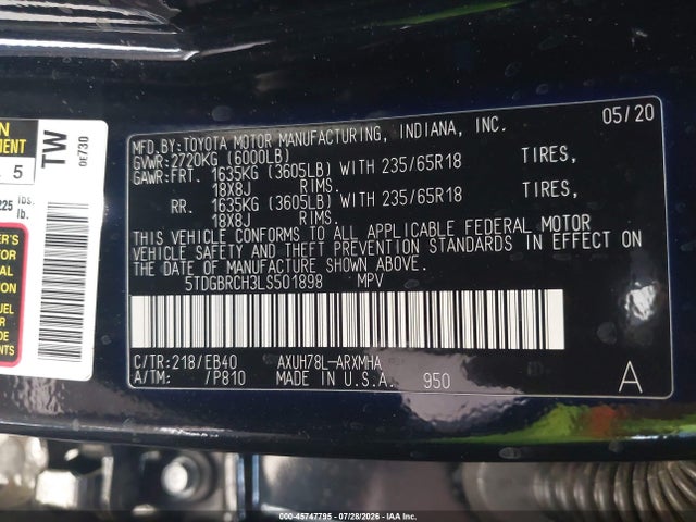 5TDGBRCH3LS501898 Toyota Highlander Hybrid Xle