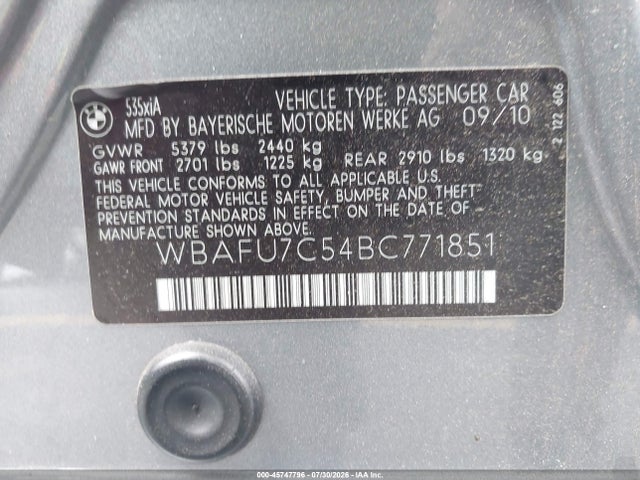 Aukcja sprzedaży 2011 Bmw 535i Xdrive, vin: WBAFU7C54BC771851, numer aukcji: 45747796