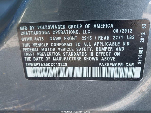 2013 Volkswagen Passat 2.5l Se მანქანა იყიდება აუქციონზე, vin: 1VWBP7A39DC018228, აუქციონის ნომერი: 45747799