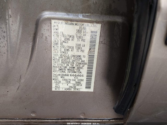 Продажа на аукционе авто 2006 Nissan Pathfinder Se, vin: 5N1AR18U66C666466, номер лота: 45747813