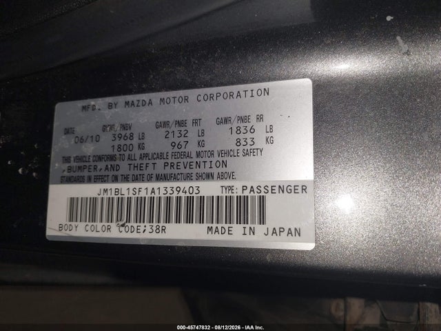 45747832 :رقم المزاد ، JM1BL1SF1A1339403 vin ، 2010 Mazda Mazda3 I Touring مزاد بيع
