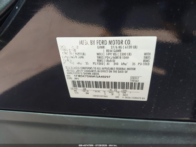 1FM5K7D88KGA49297 Ford EXPLORER XLT