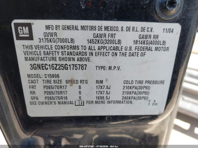 Продажа на аукционе авто 2005 Chevrolet Suburban 1500 Z71, vin: 3GNEC16Z25G175787, номер лота: 45747861