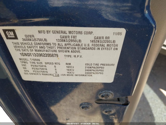 2006 Chevrolet Trailblazer Ls მანქანა იყიდება აუქციონზე, vin: 1GNDT13S962205879, აუქციონის ნომერი: 45747877