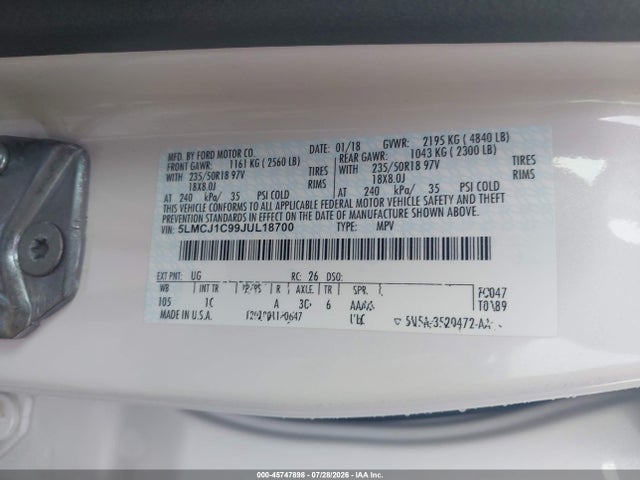 Продаж на аукціоні авто 2018 Lincoln Mkc Premiere, vin: 5LMCJ1C99JUL18700, номер лоту: 45747898