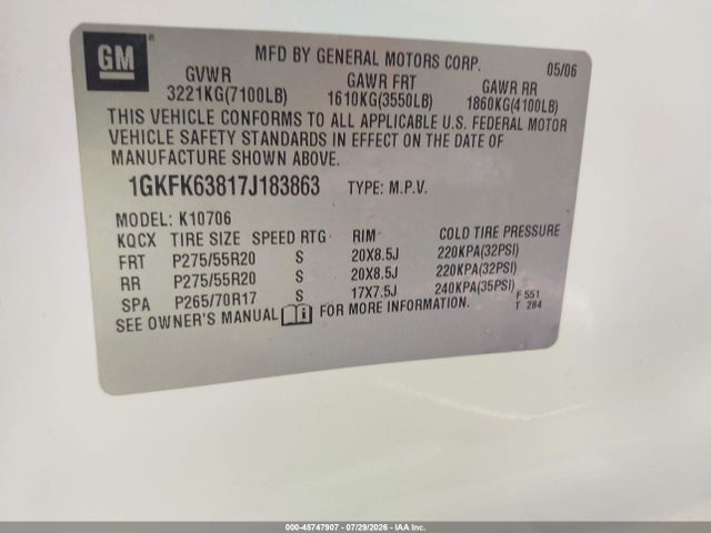 Продаж на аукціоні авто 2007 Gmc Yukon Denali Denali, vin: 1GKFK63817J183863, номер лоту: 45747907