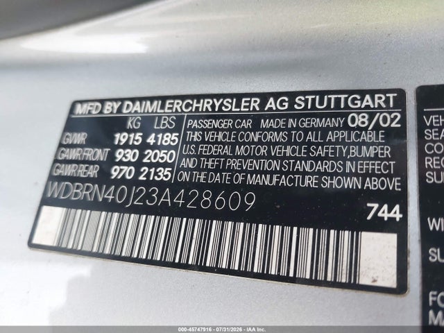 Aukcja sprzedaży 2003 Mercedes-benz C 230 Kompressor Sport, vin: WDBRN40J23A428609, numer aukcji: 45747916