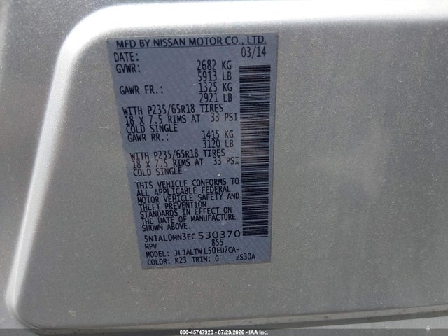 45747920 :رقم المزاد ، 5N1AL0MN3EC530370 vin ، 2014 Infiniti Qx60 مزاد بيع