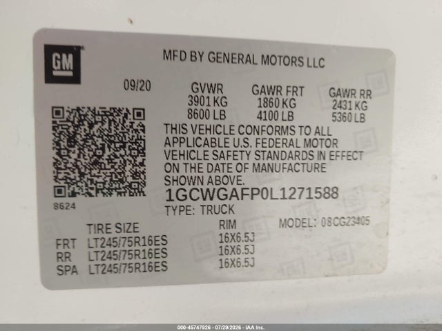 1GCWGAFP0L1271588 Chevrolet Express Cargo Rwd 2500 Regular Wheelbase Wt