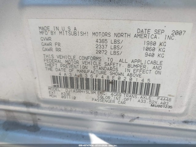 45747934 :رقم المزاد ، 4A3AB36F48E020145 vin ، 2008 Mitsubishi Galant Es مزاد بيع