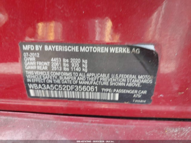 45747940 :رقم المزاد ، WBA3A5C52DF356061 vin ، 2013 Bmw 328i مزاد بيع