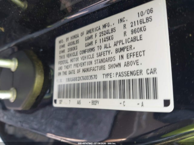 Aukcja sprzedaży 2007 Acura Tl 3.2, vin: 19UUA662X7A003570, numer aukcji: 45747942