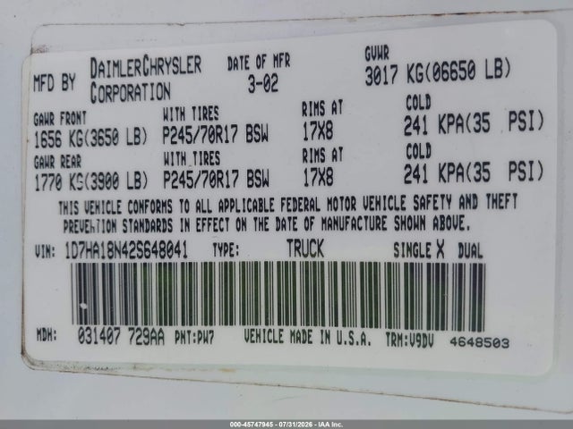 45747945 :رقم المزاد ، 1D7HA18N42S648041 vin ، 2002 Dodge Ram 1500 St مزاد بيع