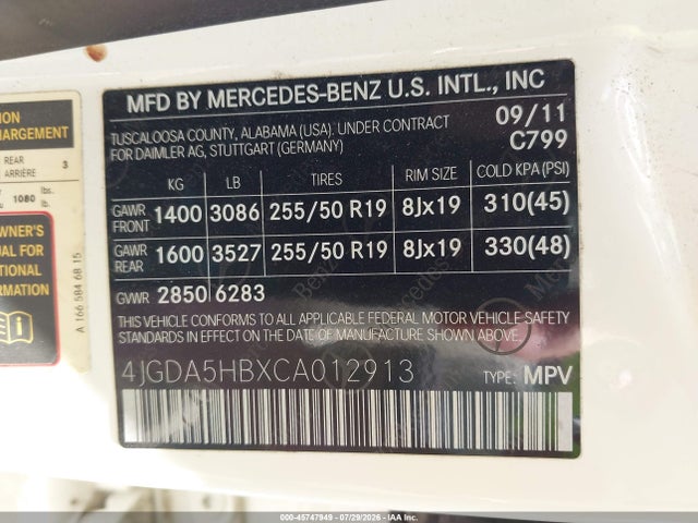 Продажа на аукционе авто 2012 Mercedes-benz Ml 350 4matic, vin: 4JGDA5HBXCA012913, номер лота: 45747949