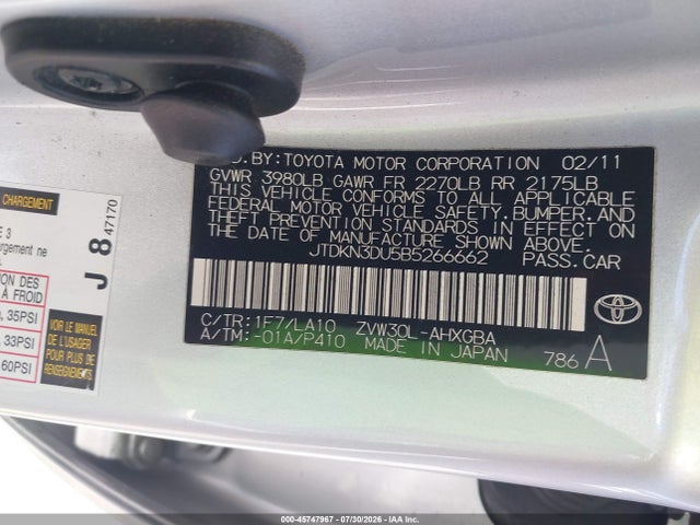 Auction sale of the 2011 Toyota Prius Four, vin: JTDKN3DU5B5266662, lot number: 45747967