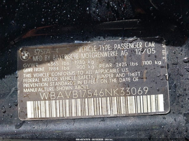 45747976 :رقم المزاد ، WBAVB17546NK33069 vin ، 2006 Bmw 325i مزاد بيع