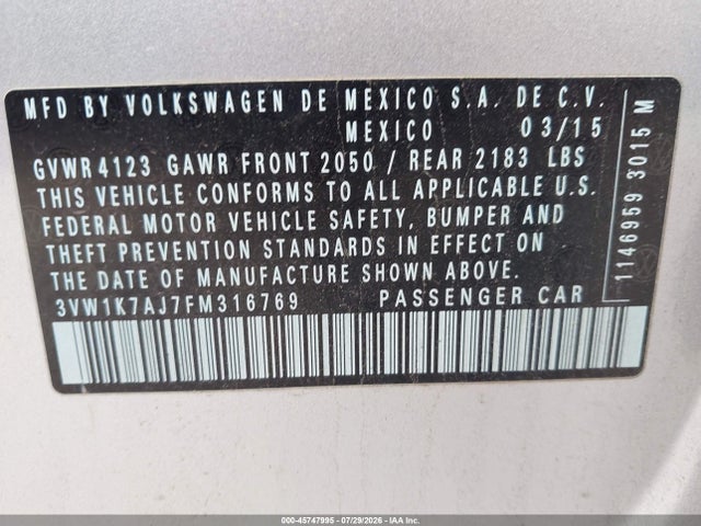 Aukcja sprzedaży 2015 Volkswagen Jetta 2.0l S, vin: 3VW1K7AJ7FM316769, numer aukcji: 45747995