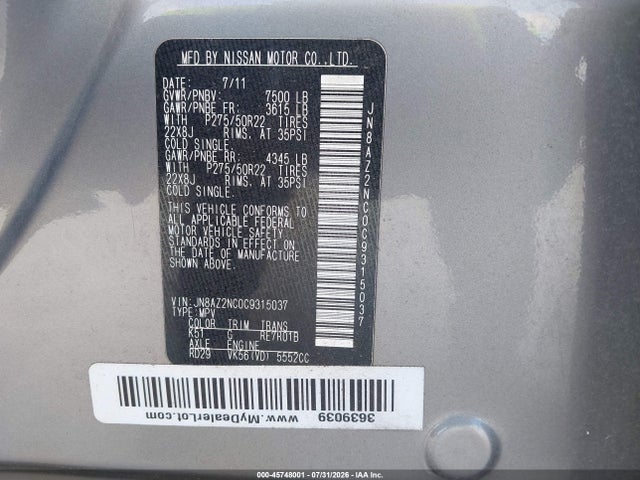 45748001 :رقم المزاد ، JN8AZ2NC0C9315037 vin ، 2012 Infiniti Qx56 مزاد بيع
