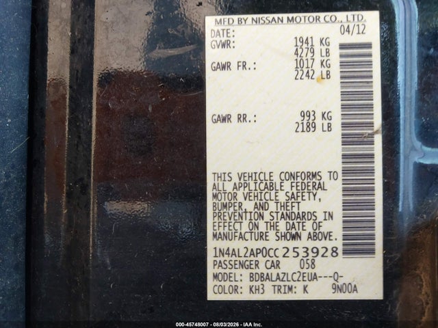 Aukcja sprzedaży 2012 Nissan Altima 2.5, vin: 1N4AL2AP0CC253928, numer aukcji: 45748007