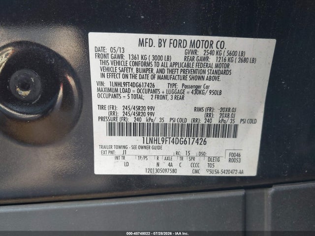 Продаж на аукціоні авто 2013 Lincoln Mks Ecoboost, vin: 1LNHL9FT4DG617426, номер лоту: 45748022