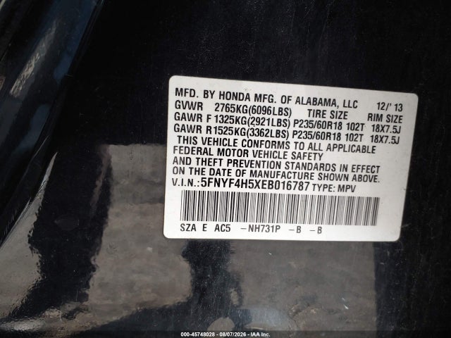 Продажа на аукционе авто 2014 Honda Pilot Ex-l, vin: 5FNYF4H5XEB016787, номер лота: 45748028
