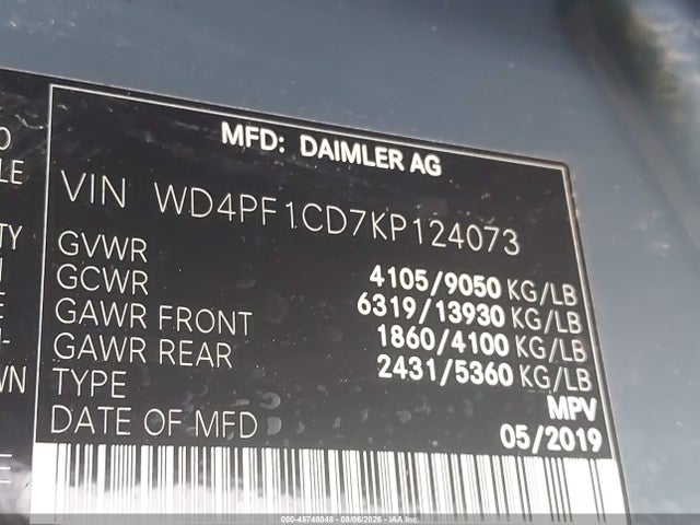 45748048 :رقم المزاد ، WD4PF1CD7KP124073 vin ، 2019 Mercedes-benz Sprinter 2500 High Roof V6 مزاد بيع