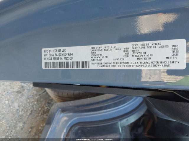 Продажа на аукционе авто 2021 Ram Promaster 3500 Cargo Van High Roof 159 Wb Ext, vin: 3C6MRVJGXME549564, номер лота: 45748050