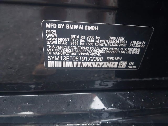 Aukcja sprzedaży 2026 Bmw X5 M Competition, vin: 5YM13ET08T9172398, numer aukcji: 45748057