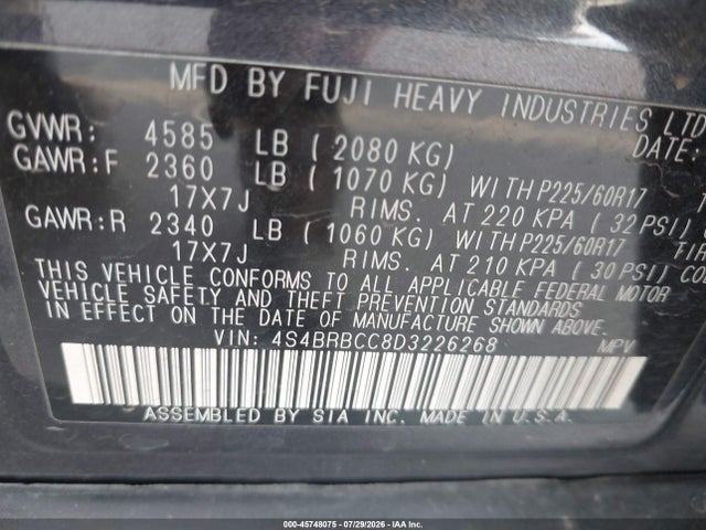 45748075 :رقم المزاد ، 4S4BRBCC8D3226268 vin ، 2013 Subaru Outback 2.5i Premium مزاد بيع
