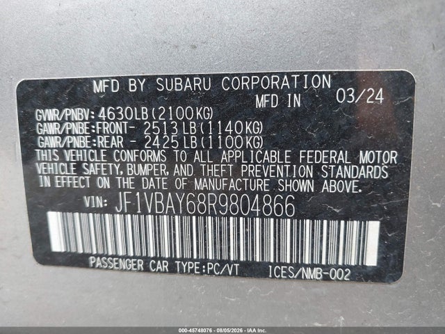 Продажа на аукционе авто 2024 Subaru Wrx Tr, vin: JF1VBAY68R9804866, номер лота: 45748076