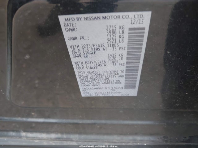 Продажа на аукционе авто 2016 Nissan Pathfinder Sv, vin: 5N1AR2MM0GC611928, номер лота: 45748089
