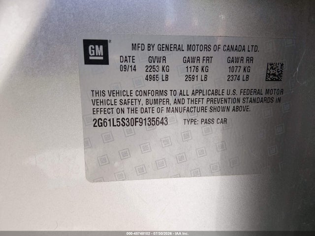 45748102 :رقم المزاد ، 2G61L5S30F9135643 vin ، 2015 Cadillac Xts Standard مزاد بيع