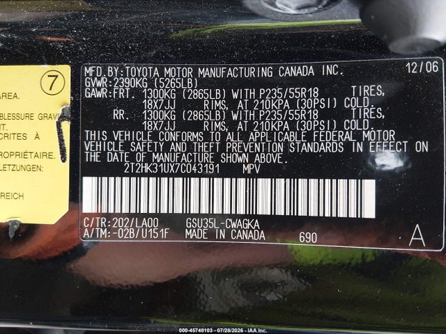 Продажа на аукционе авто 2007 Lexus Rx 350, vin: 2T2HK31UX7C043191, номер лота: 45748103