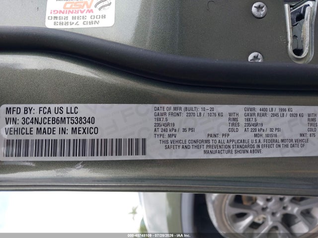 45748109 :رقم المزاد ، 3C4NJCEB6MT538340 vin ، 2021 Jeep Compass 80th Anniversary Fwd مزاد بيع