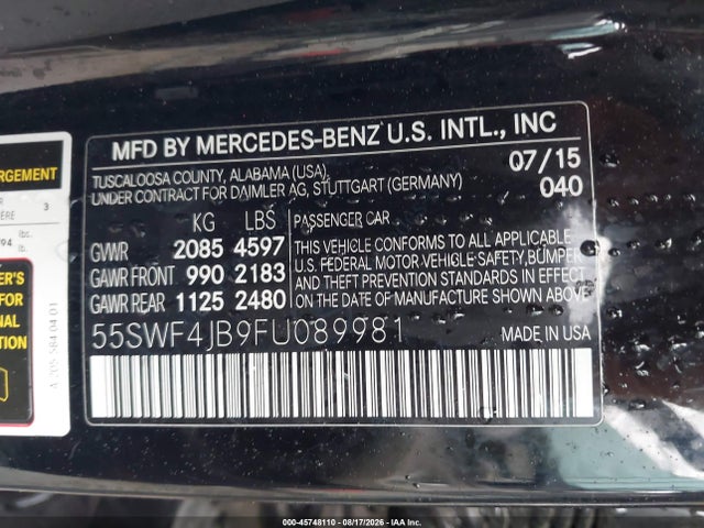 2015 Mercedes-benz C 300 მანქანა იყიდება აუქციონზე, vin: 55SWF4JB9FU089981, აუქციონის ნომერი: 45748110