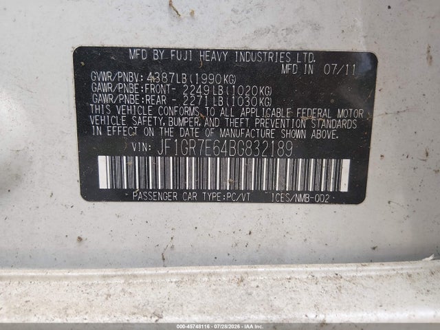 Продажа на аукционе авто 2011 Subaru Impreza Wrx Premium, vin: JF1GR7E64BG832189, номер лота: 45748116
