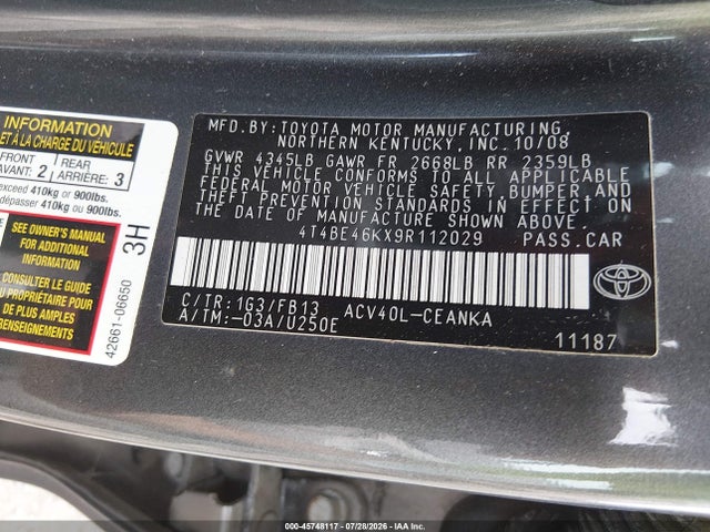 45748117 :رقم المزاد ، 4T4BE46KX9R112029 vin ، 2009 Toyota Camry Le مزاد بيع