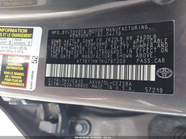 Продажа на аукционе авто 2019 Toyota Camry Se, vin: 4T1B11HK1KU787209, номер лота: 45748120