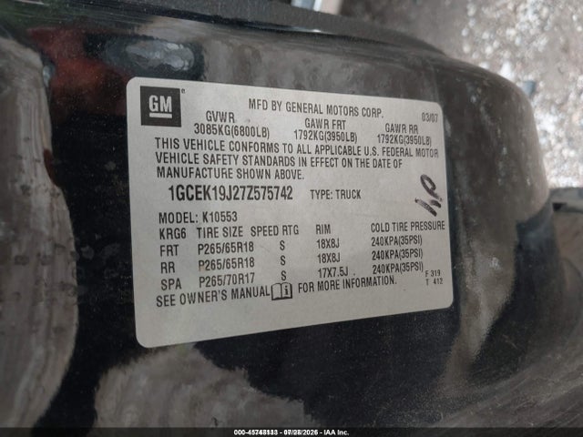 Продаж на аукціоні авто 2007 Chevrolet Silverado 1500 Lt1, vin: 1GCEK19J27Z575742, номер лоту: 45748133