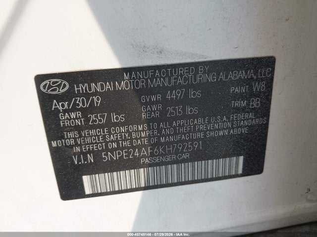 2019 Hyundai Sonata Se მანქანა იყიდება აუქციონზე, vin: 5NPE24AF6KH792591, აუქციონის ნომერი: 45748146
