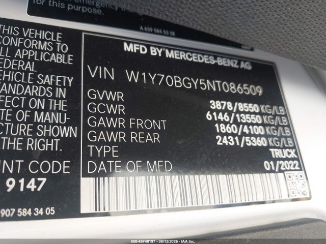 45748197 :رقم المزاد ، W1Y70BGY5NT086509 vin ، 2022 Mercedes-benz Sprinter 1500 Standard Roof I4 مزاد بيع