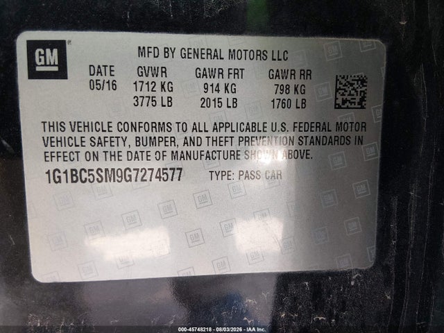 Продажа на аукционе авто 2016 Chevrolet Cruze Ls Auto, vin: 1G1BC5SM9G7274577, номер лота: 45748218