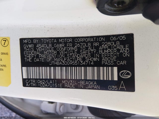 Продаж на аукціоні авто 2005 Lexus Es 330, vin: JTHBA30G955134714, номер лоту: 45748228
