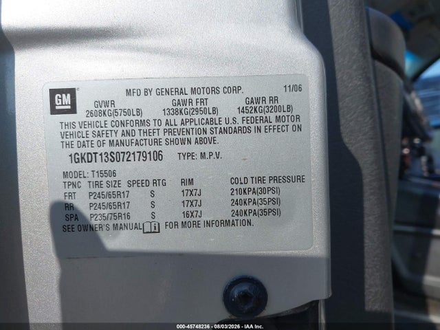 Продаж на аукціоні авто 2007 Gmc Envoy Slt, vin: 1GKDT13S072179106, номер лоту: 45748236