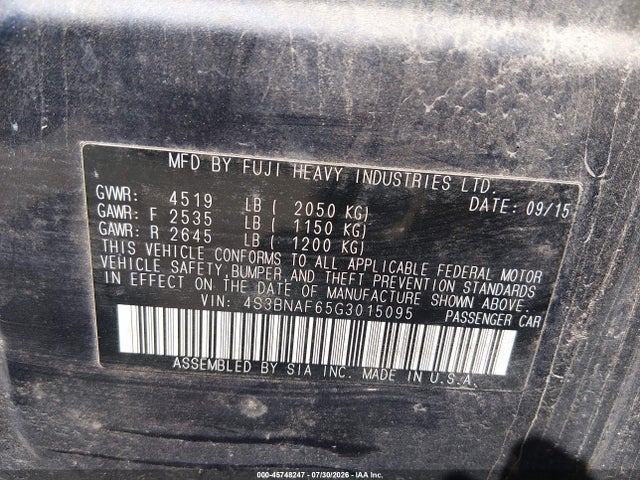 45748247 :رقم المزاد ، 4S3BNAF65G3015095 vin ، 2016 Subaru Legacy 2.5i Premium مزاد بيع